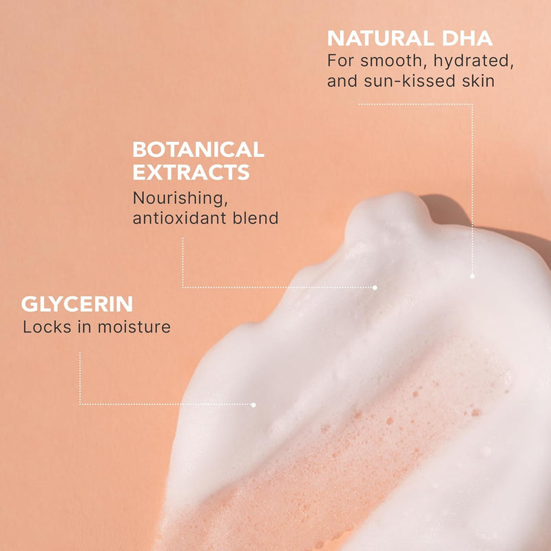 Texture swatch of Self Tanner Mousse on beige background highlighting benefits: Natural DHA for smooth, hydrated, sun-kissed skin; Botanical extracts for nourishment; Glycerin to lock in moisture.